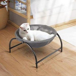 Pat de tip hamac pentru caini si pisici, cadru metalic negru si panza gri, dimensiune 45 x 42 x 23 cm